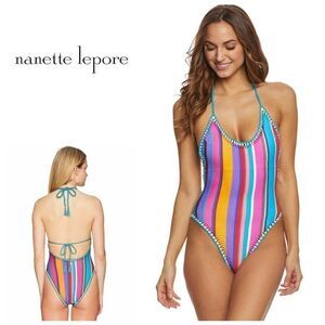 New. Nanette Lepore stripe low cut back Swimsuit. Retails $164